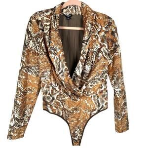 MARCIANO By Guess Faux Snakeskin Hudson Drape V-Neck Bodysuit Long Sleeve - Sz S